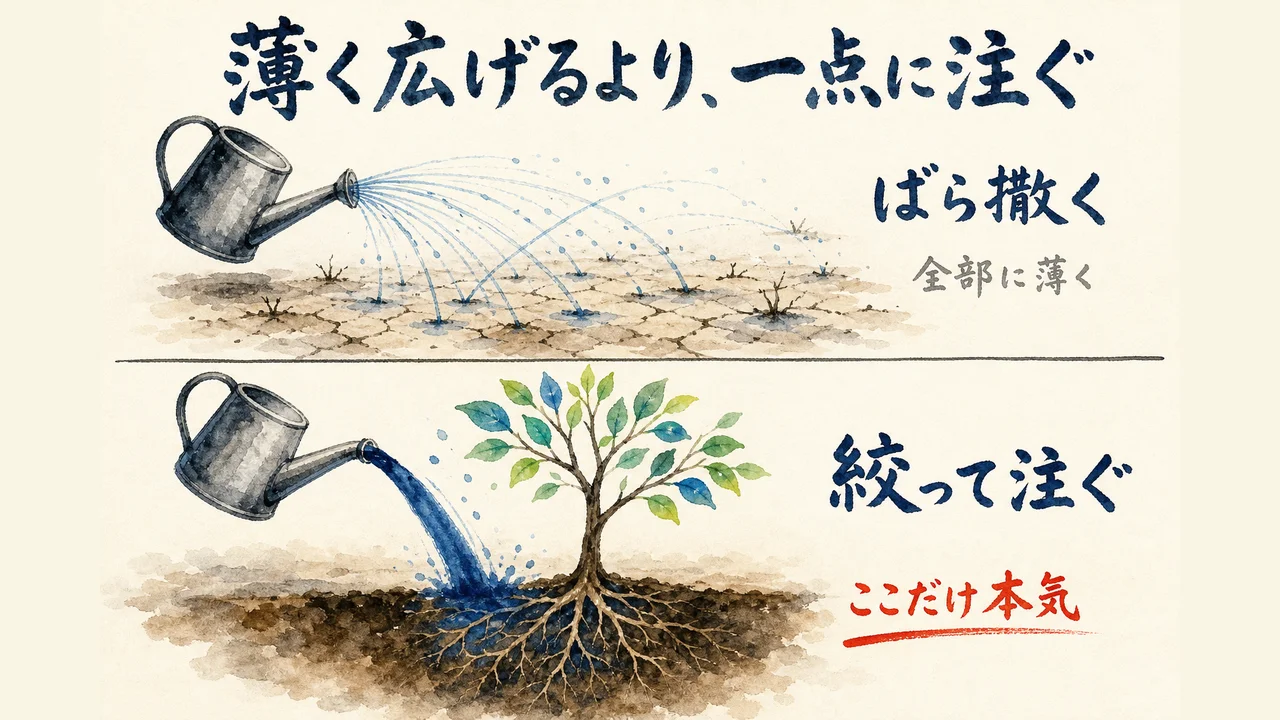 資源を八方へ薄く撒く場合と、一点に絞って注ぐ場合を上下で対比した図解