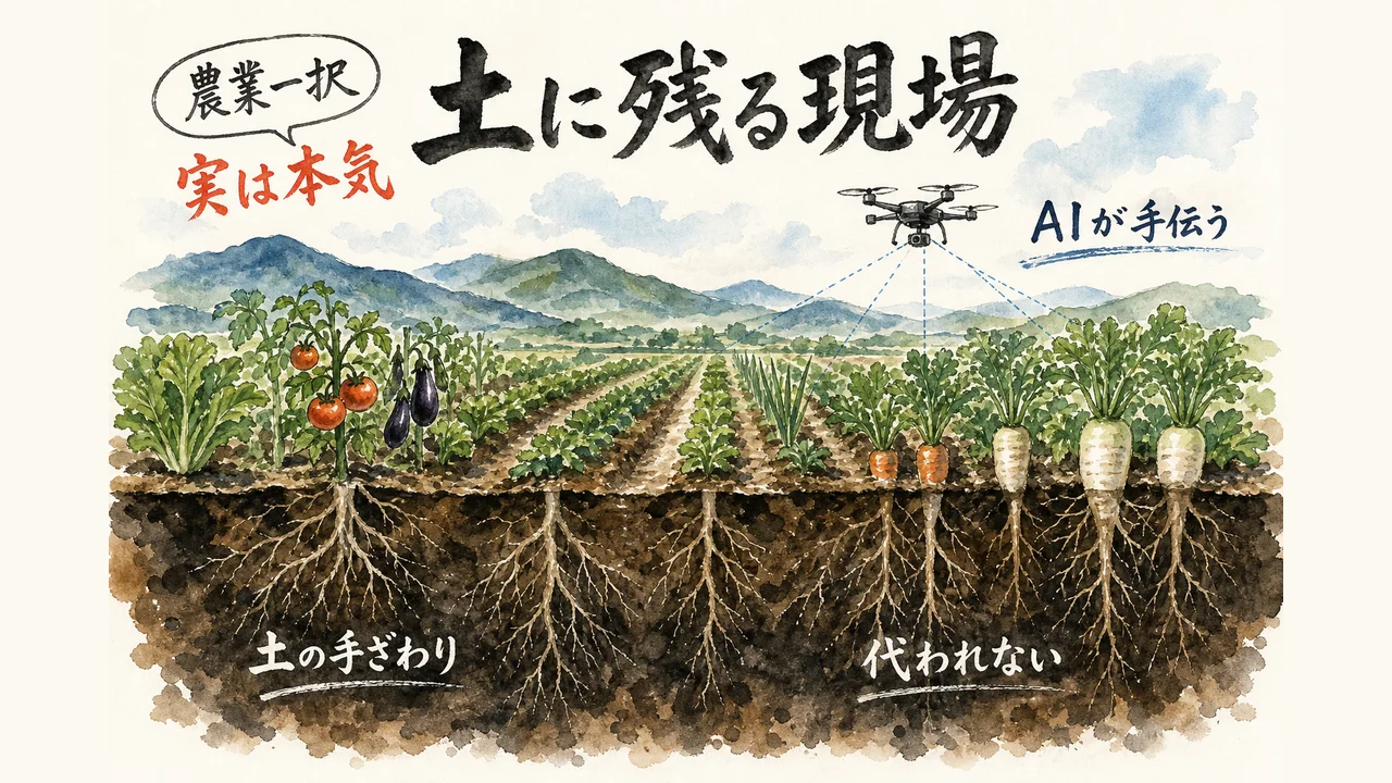 地上ではAIが手伝い、地下の土の手ざわりは人にしか残らないことを示す農業の断面図解
