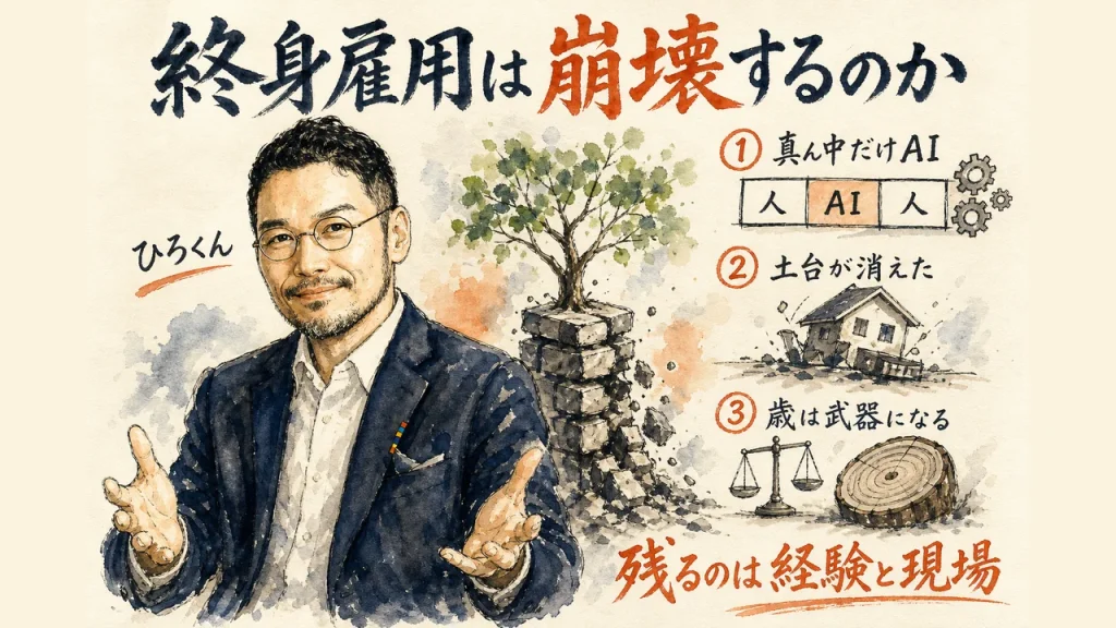 終身雇用は崩壊するのか。記事全体の要点をまとめた手描きグラレコ図解