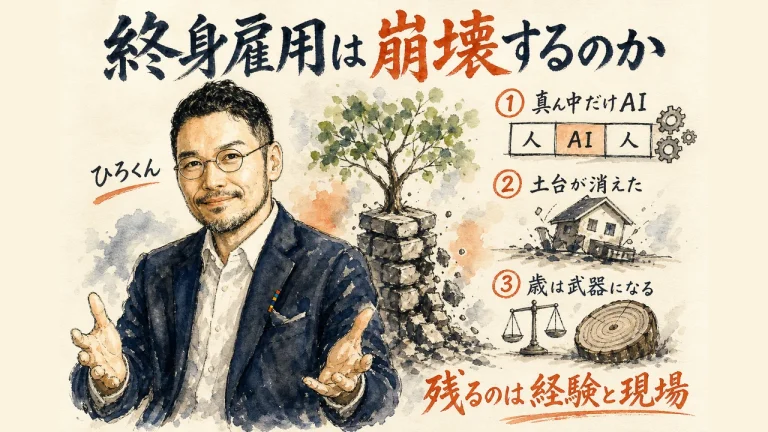 終身雇用は崩壊するのか。記事全体の要点をまとめた手描きグラレコ図解
