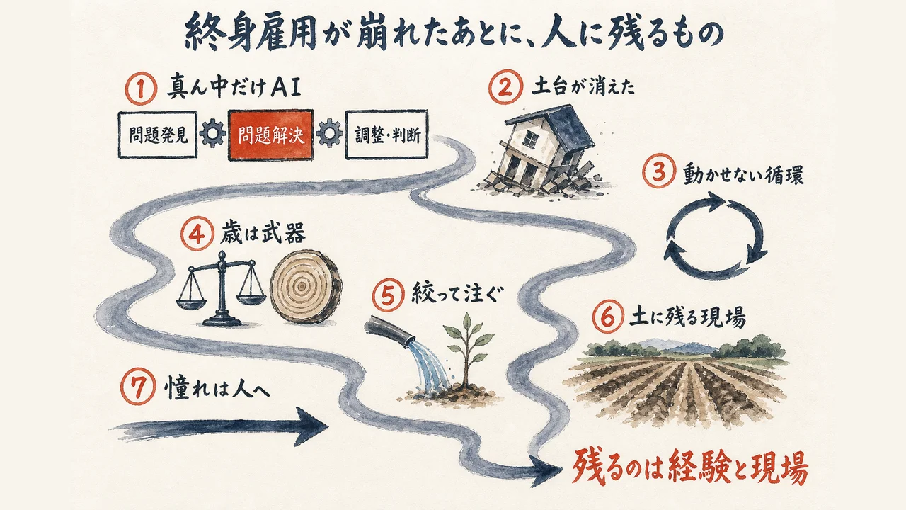 終身雇用が崩れたあとに人へ残るものを、7つの流れで並べた全体図解