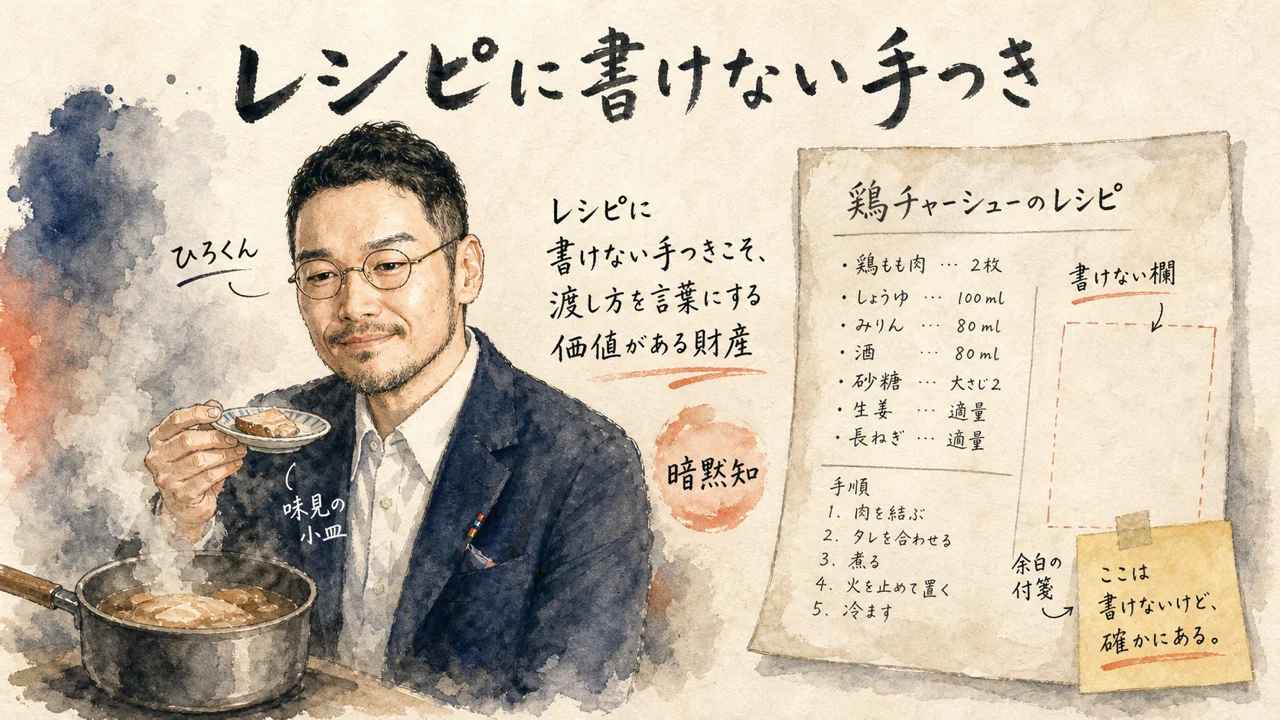 祖父の鶏チャーシューを味見する記憶と、レシピに書けない手つきを付箋にする図解