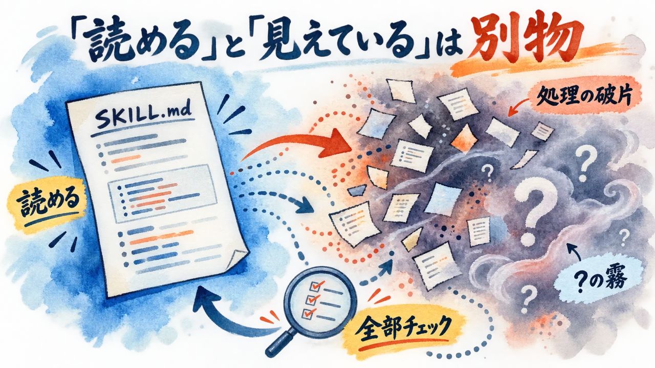 SKILL.mdは読めるが処理は霧の中に散らばる、読めると見えているは別物の図解