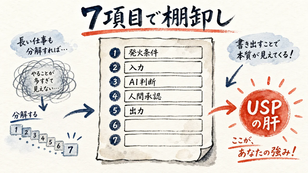 発火条件から出力まで7項目で業務を棚卸ししUSPの肝を見つけるシートの図解