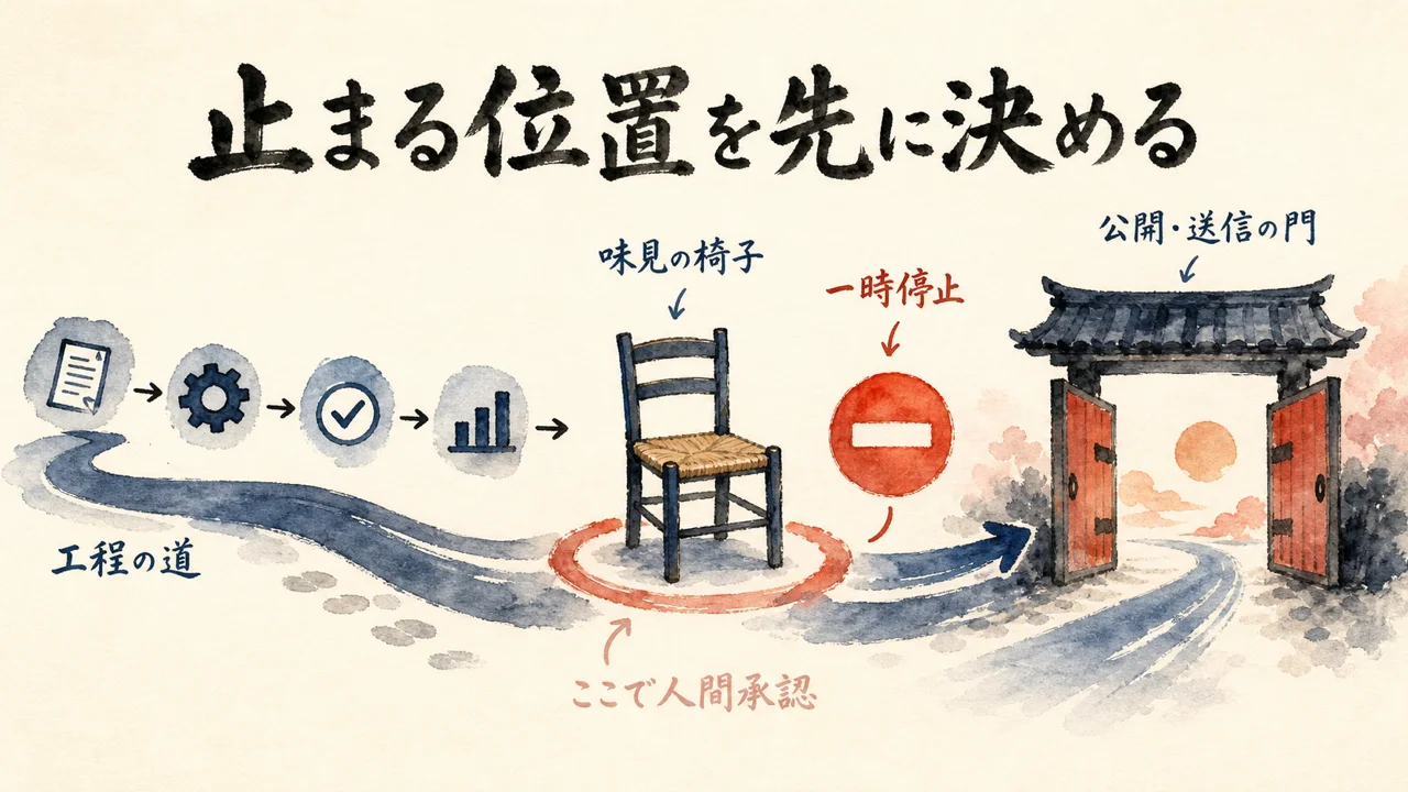 工程の道の途中に味見の椅子と一時停止を置き公開送信の門の前で人間承認する図解