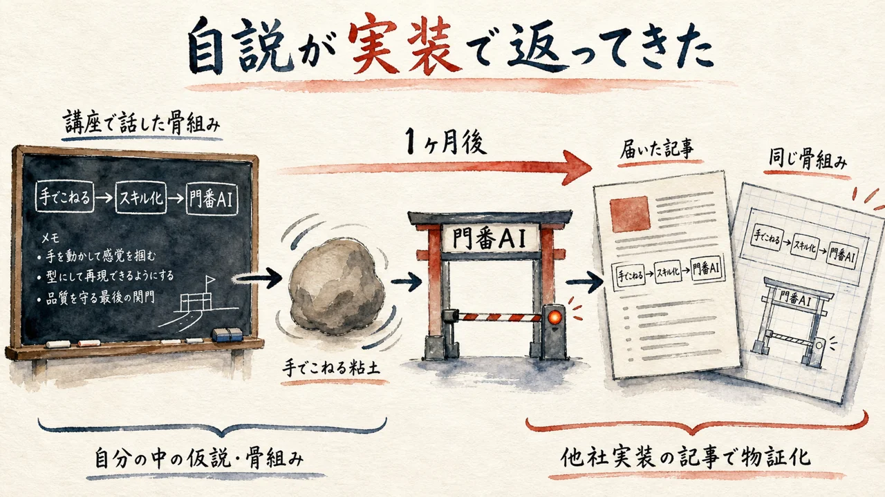 講座で語った手でこねてスキル化と門番AIの骨組みが1ヶ月後に他社の実装で返ってきた図解