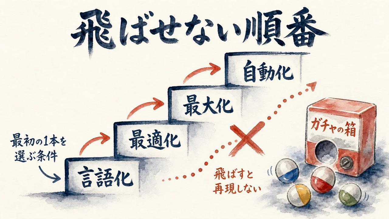 言語化・最適化・最大化・自動化の4段の階段と、順番を飛ばすとガチャになる図解