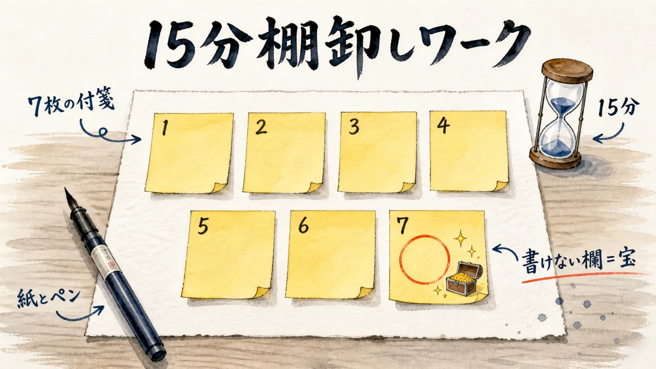 紙とペンで15分、一番よく繰り返す業務を7枚の付箋に書き出す棚卸しワークの図解