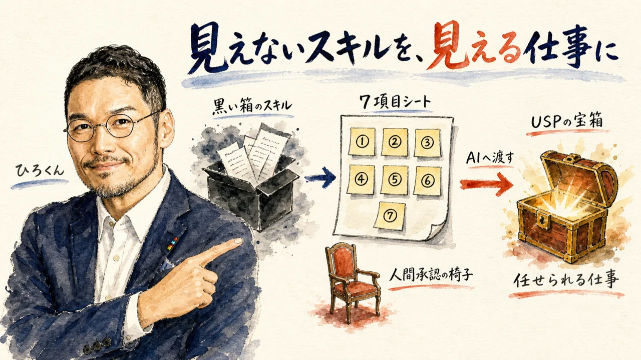 SKILL.mdを7項目へ分解してAIスキルを可視化する流れの図解