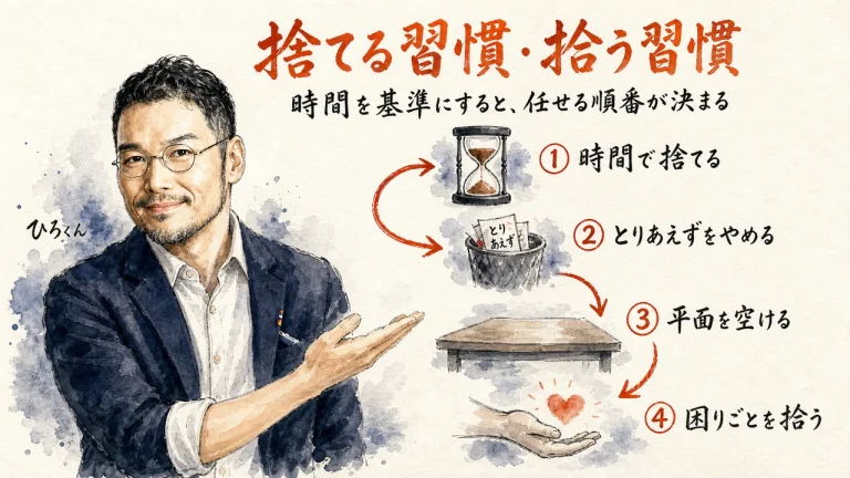 捨てる習慣・拾う習慣の全体図。時間を基準に捨て、空いた隙間で仲間の困りごとを拾う順番
