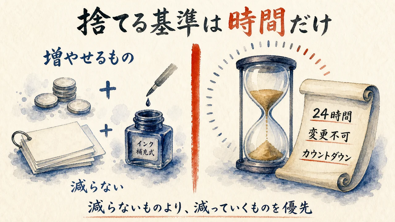 捨てる基準を時間の一本に絞る図解。減らないものより減っていく24時間を優先する対比