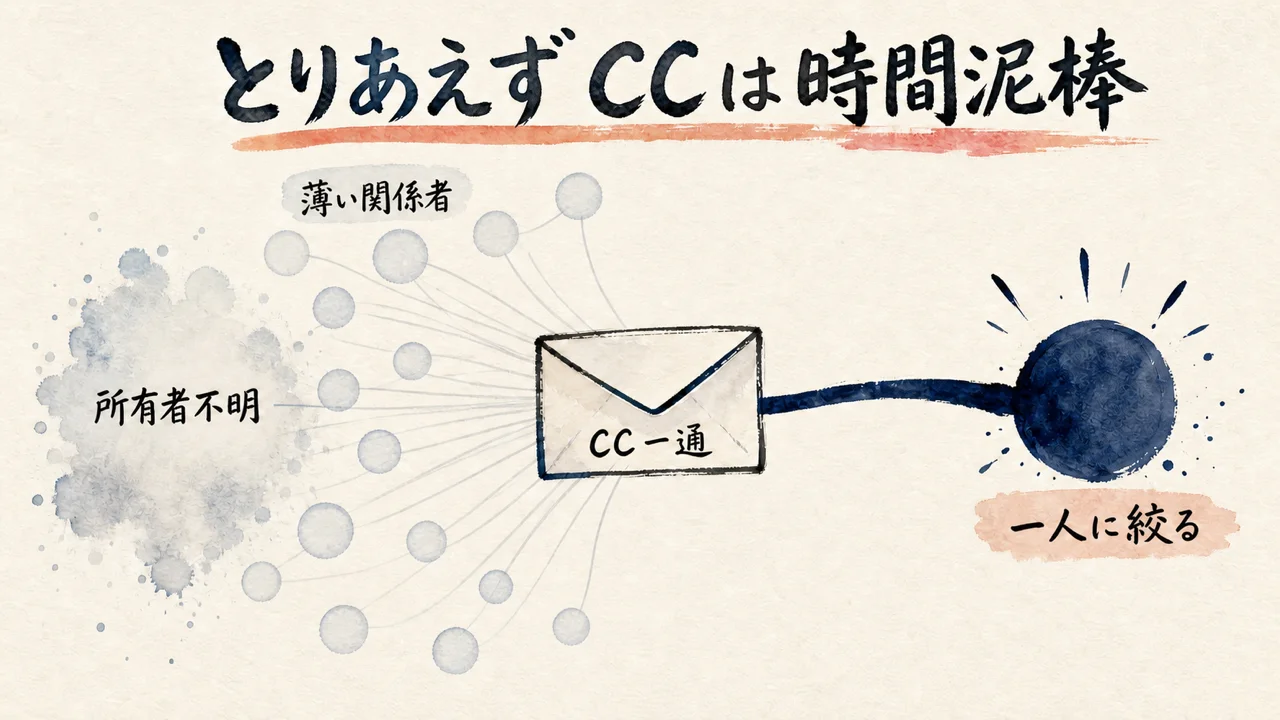 CCを増やすほど所有者が消え、全員が薄い関係者になる構造の図解