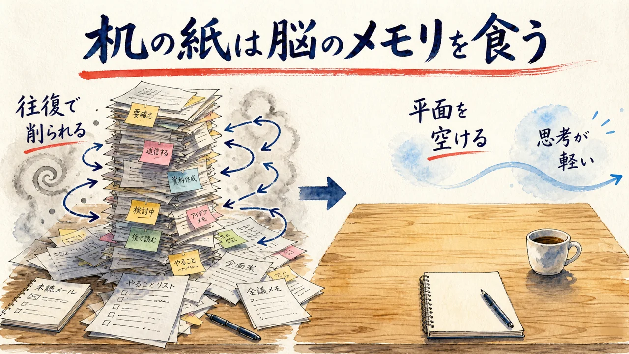 机に積まれた紙と空いた平面の前後比較。視線の往復が脳を削る図解