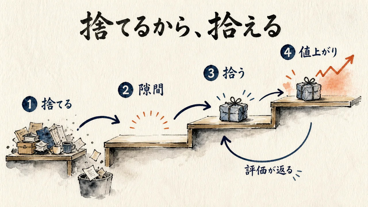 捨てる、隙間、拾う、値上がりが一本の線でつながる階層図