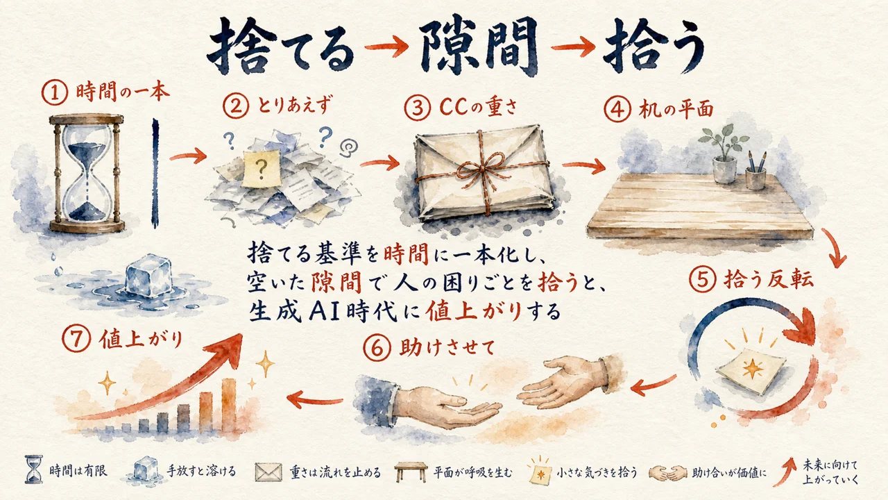 記事全体の流れ図。時間の一本、とりあえず、CC、机の平面、拾う反転、助け合い、値上がり