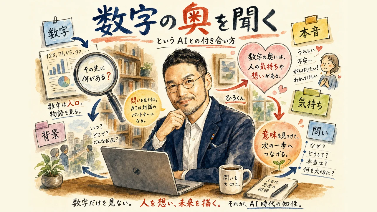 数字の奥を聞くAIとの付き合い方を表したひろくんコラム図解