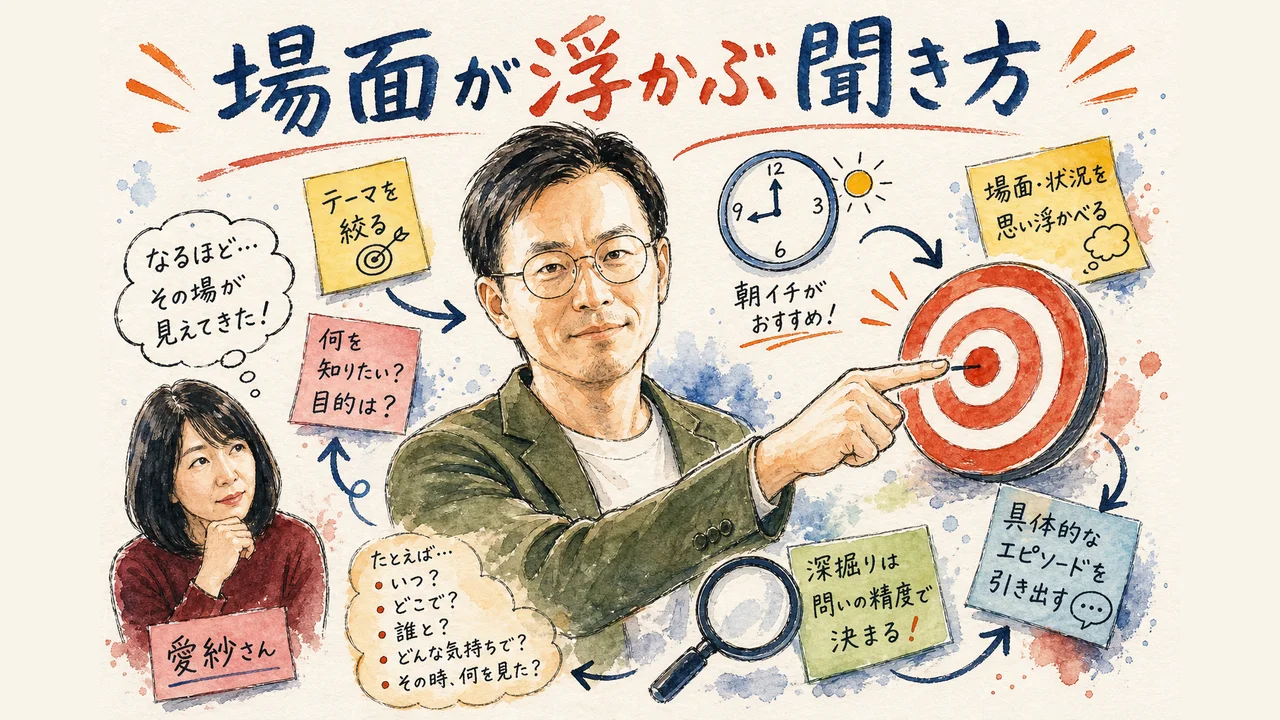 聞くテーマを絞り具体的な場面を思い浮かばせる質問を図解する