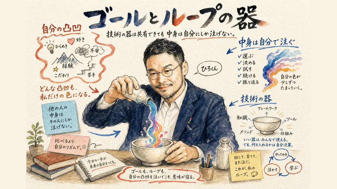 ゴールとループの器に自分の凸凹を注ぐひろくんを描いた図解