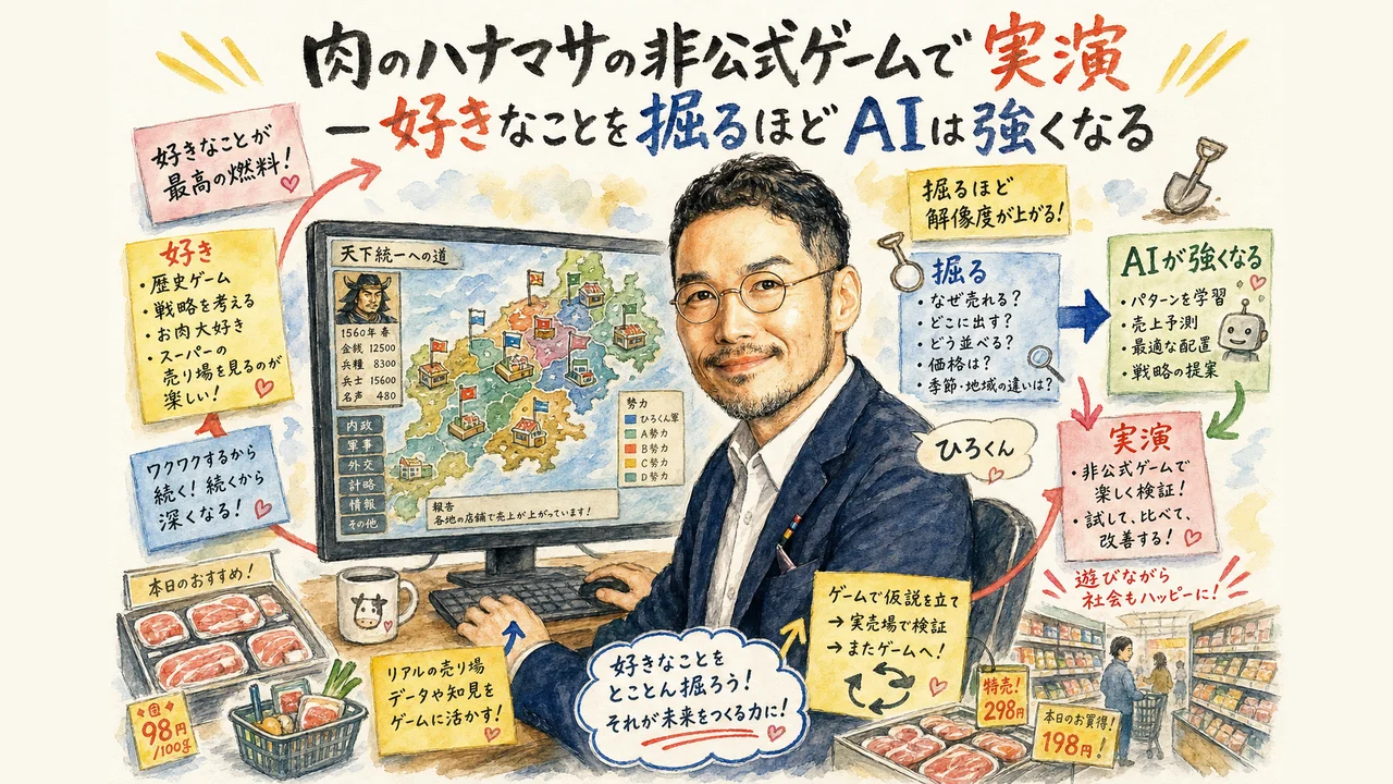 信長の野望風の非公式シミュレーションゲームを操作するひろくんを描いた図解