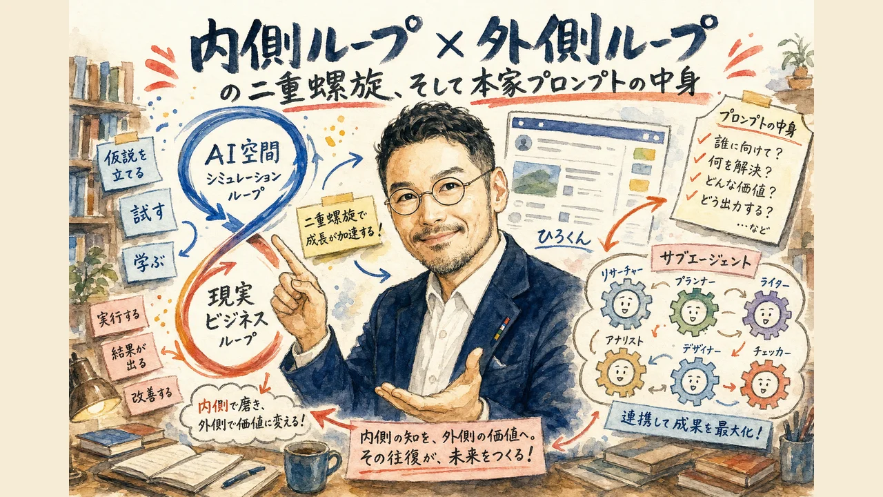 AI空間のシミュレーションループと現実のビジネスループが二重螺旋でつながる様子を示した図解