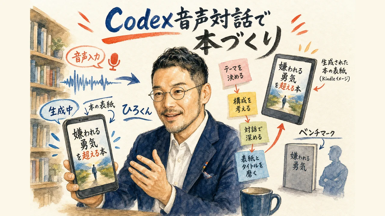 ChatGPTアプリのCodex音声対話でベンチマークループのスキルを頼むひろくんを描いた図解