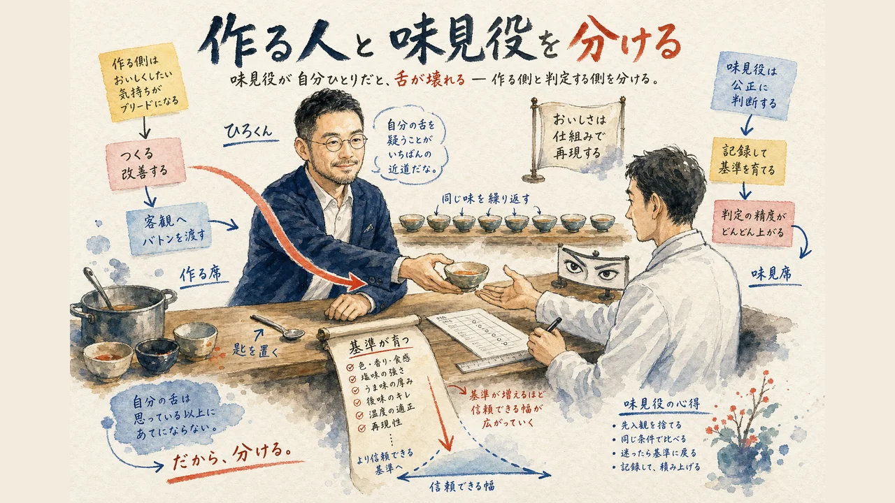 味見役が自分ひとりだと舌が壊れることを表したひろくんコラムの図解