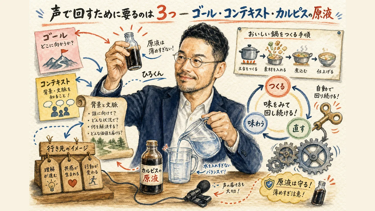ゴールとコンテキストとカルピスの原液が人間に残ることを示す図解