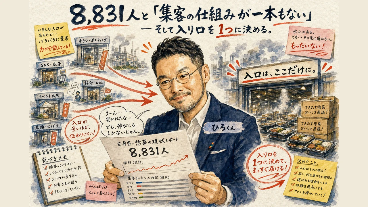 会員数8831人と集客の仕組みが一本もないという指摘を示す図解