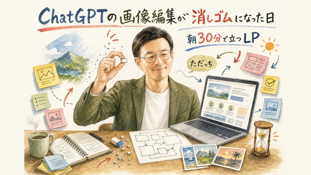 ChatGPTの削除ボタンとアスペクト比調整、朝30分のLP制作を示す図解
