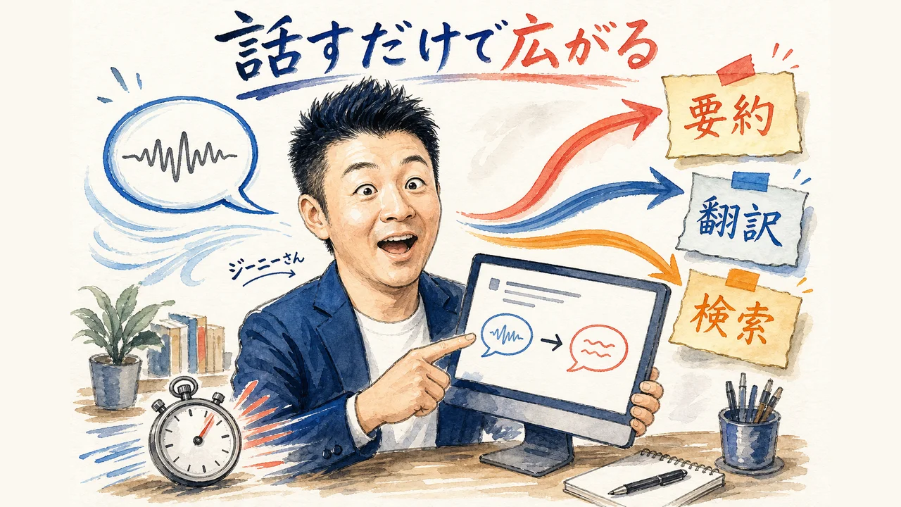 Geminiデスクトップアプリの音声入力が要約・翻訳・検索に枝分かれする図解