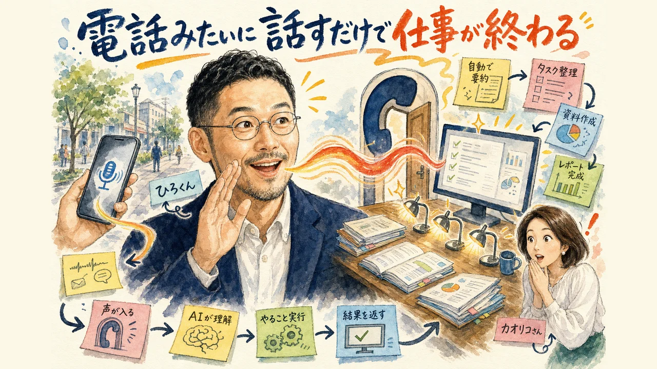 外出先から声で話しかけると自宅のパソコンが動き、仕事が次々と片づいていく構造の図解