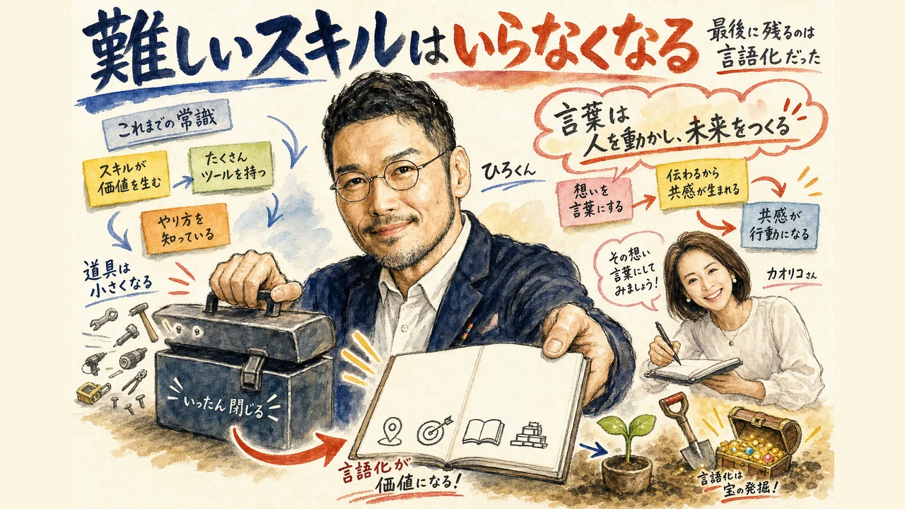 AIのスキル習得より目的地とゴールと背景文脈と素材の言語化が大事になることを示す図解