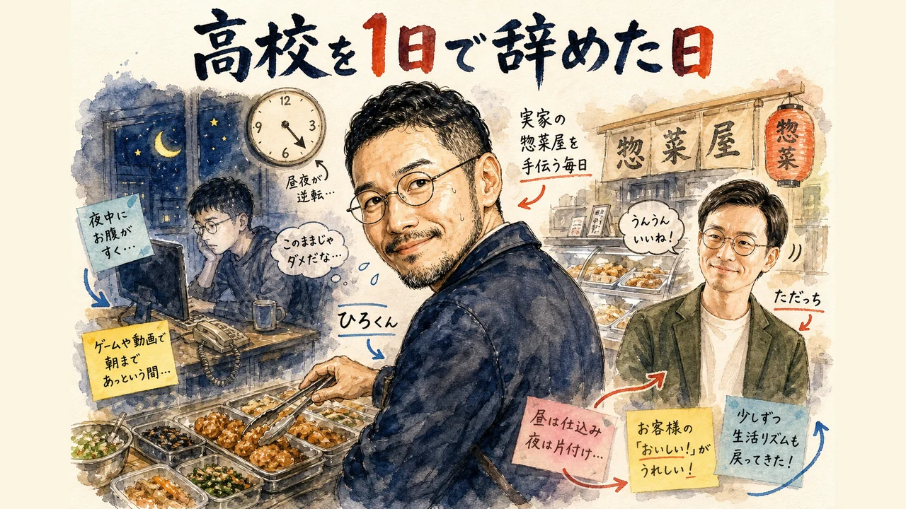 高校を1日で辞めて、実家の惣菜屋を手伝う昼夜逆転生活 図解