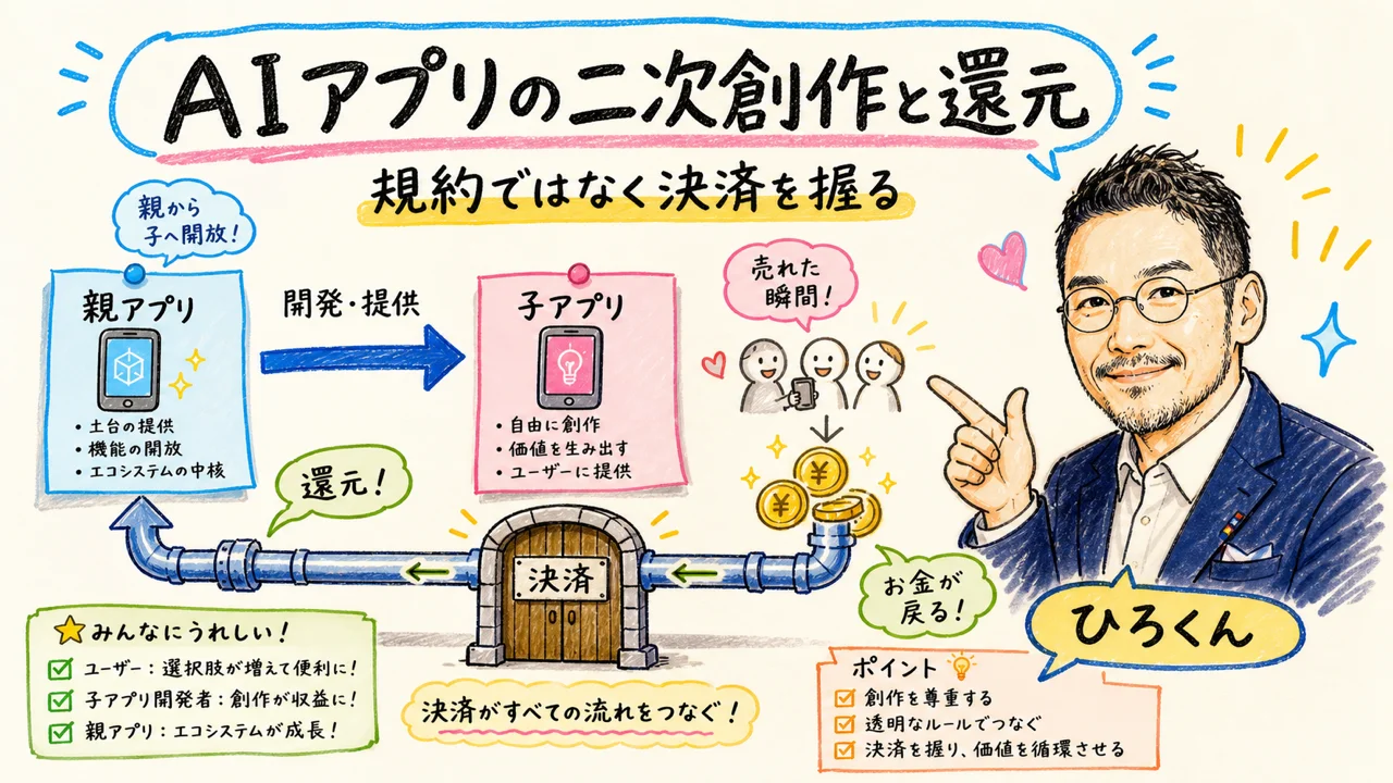 AIアプリの二次創作で元作者に還元する仕組みを解説した図解