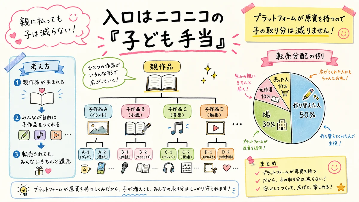 ニコニコの子ども手当と、転売分配の割合を示した樹形図