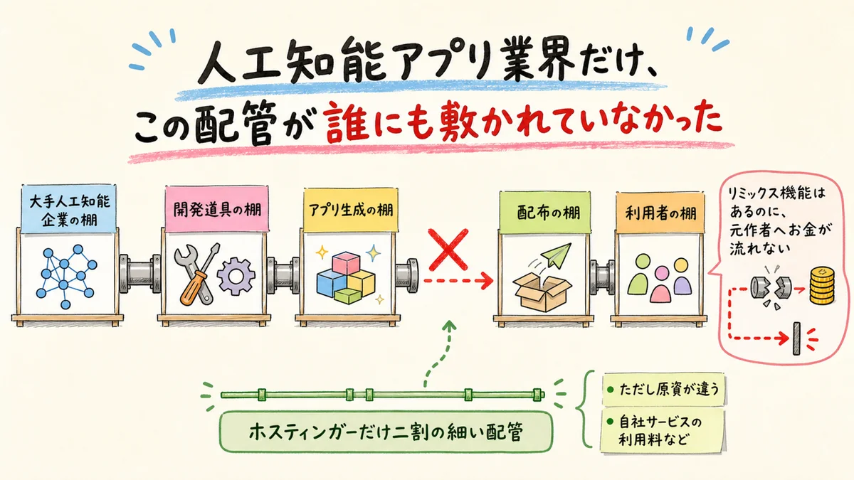 AIアプリ業界に元作者への還元の配管が敷かれていないことを示した図解