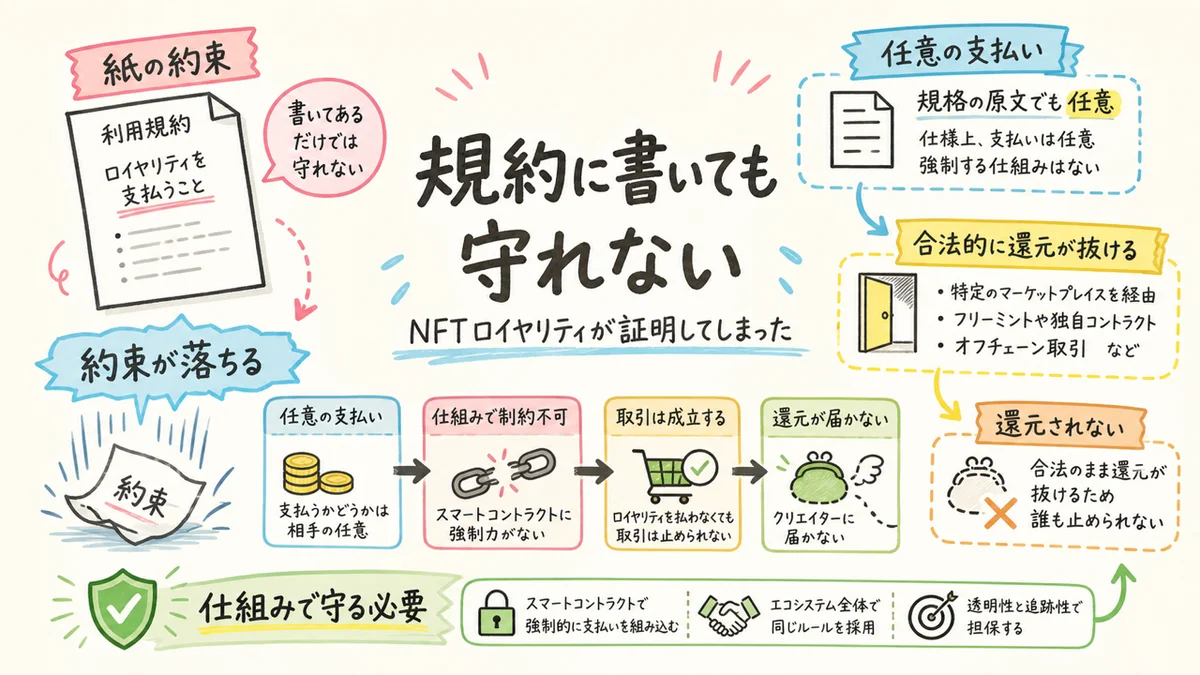 規約に書いても還元が守れない理由をNFTロイヤリティで示した図解