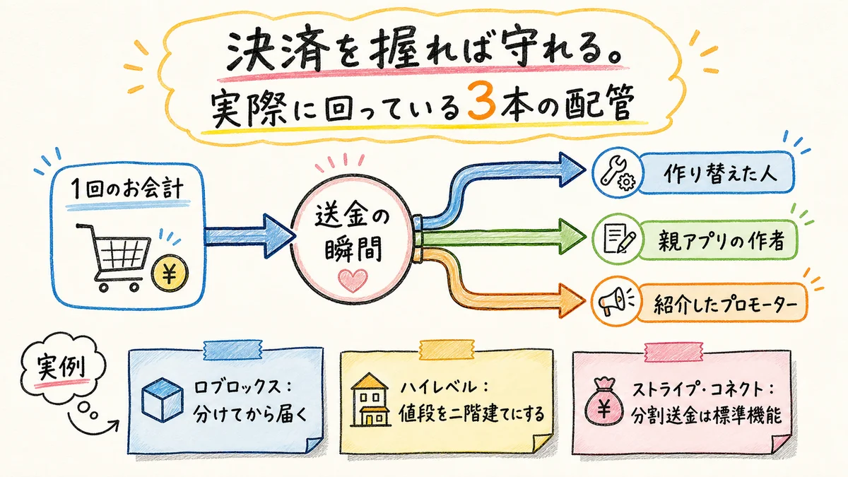 1回の決済が送金の瞬間に3者へ自動で分かれる配管の図解
