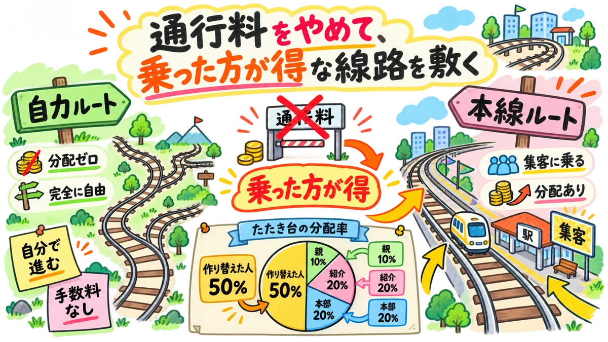 通行料をやめて乗った方が得な線路を敷く二層構造と分配率の図解
