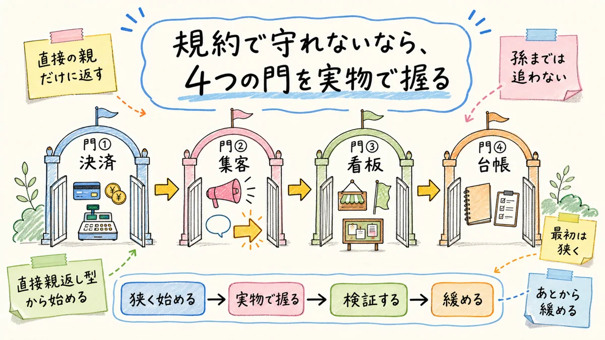 決済・集客・看板・台帳の4つの門を並べた図解