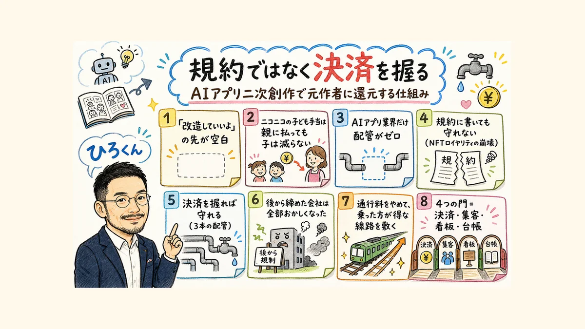 AIアプリの二次創作で元作者に還元する仕組みの全体図。8つの論点をまとめたグラレコ
