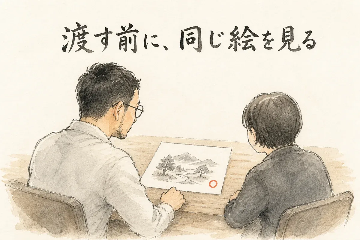 渡す前に同じ完成イメージを一緒に見る場面を描いた水彩イラスト