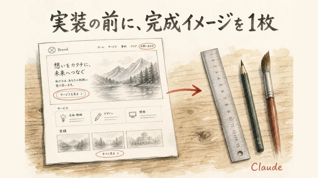 実装の前に完成イメージを1枚だけ作る様子を描いた水彩イラスト