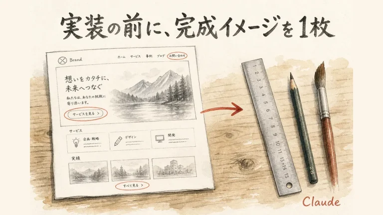 実装の前に完成イメージを1枚だけ作る様子を描いた水彩イラスト