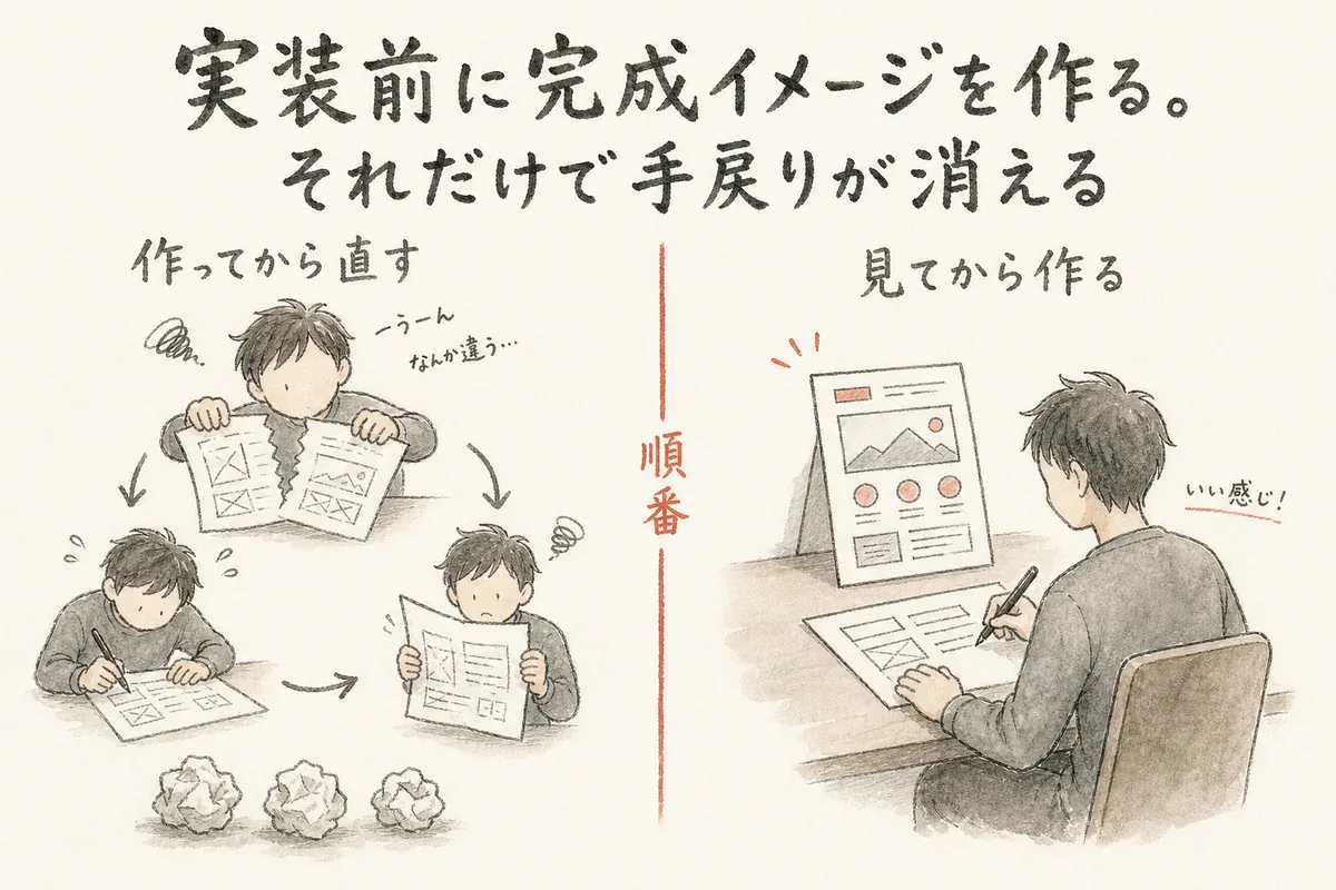 作ってから直す進め方と、見てから作る進め方を左右で比べた図解