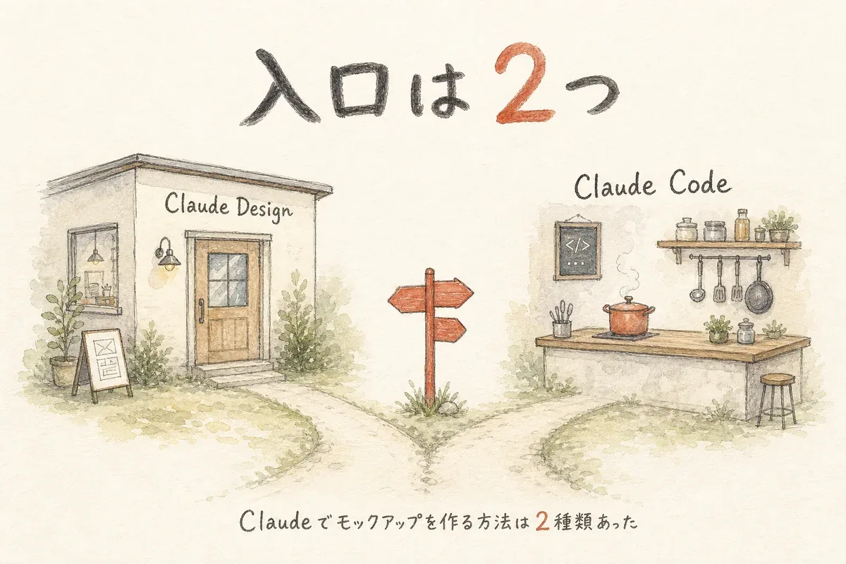 Claude DesignとClaude Codeという2つの入口を分かれ道で示した図解