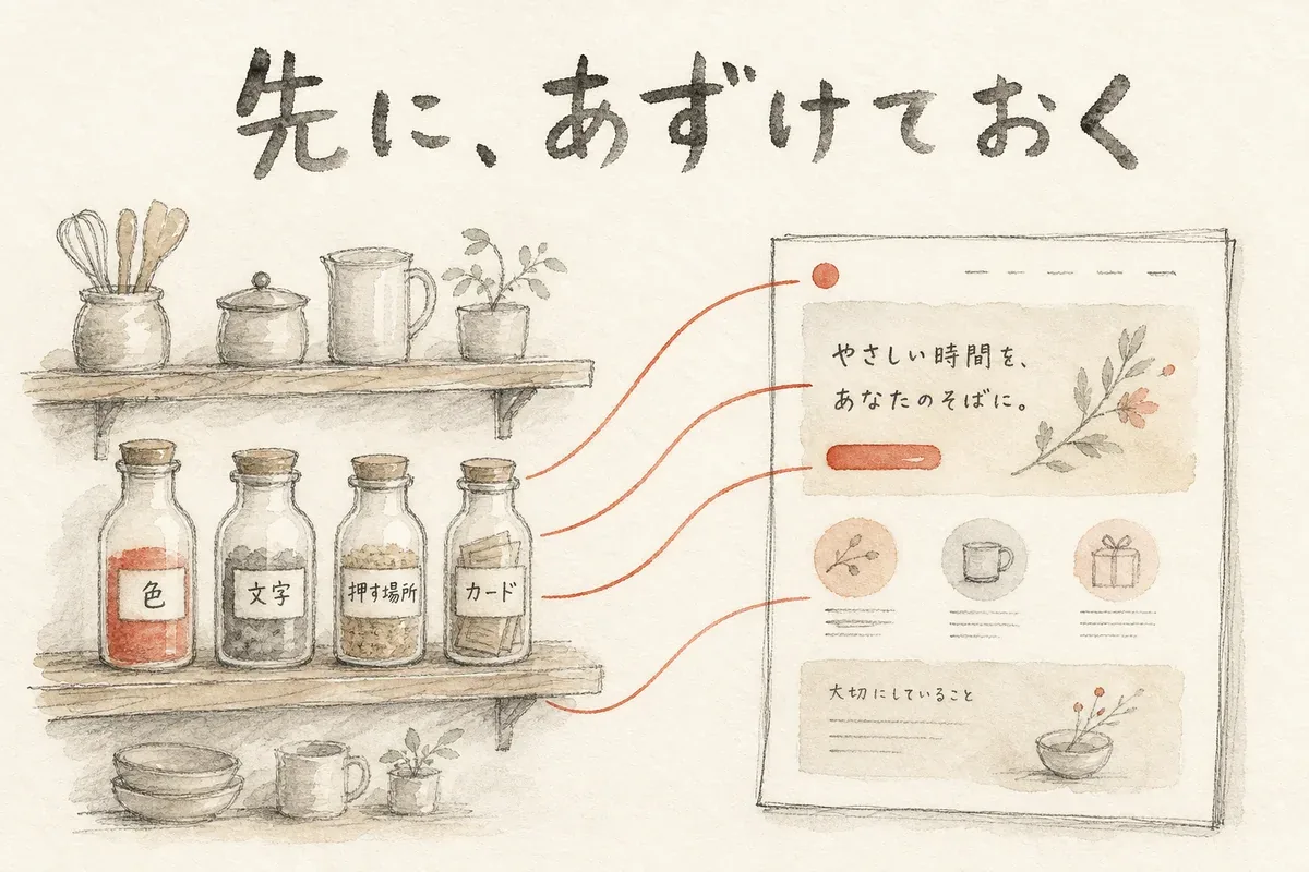 デザインシステムを先に預けておくと同じ見た目で出てくることを示した図解