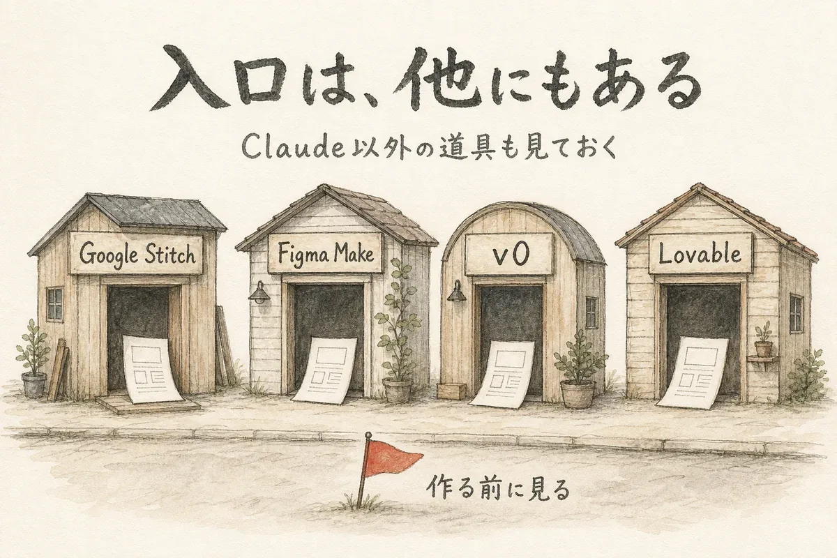Google Stitch・Figma Make・v0・Lovableという4つの入口を小屋で並べた図解