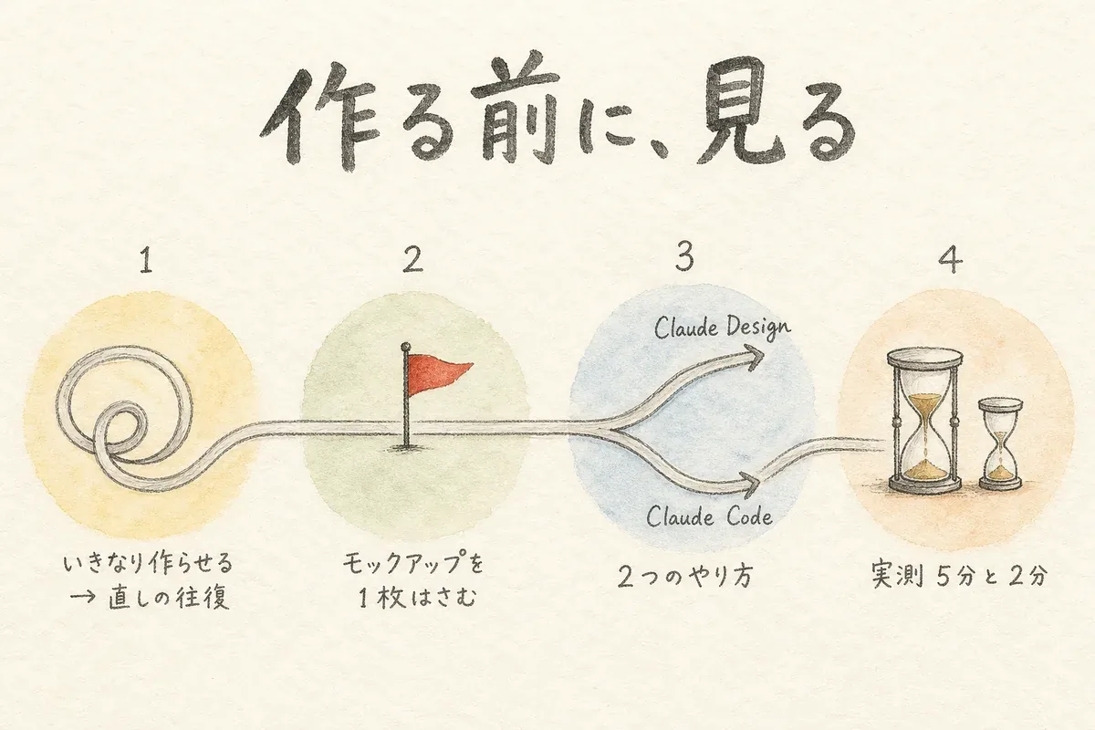 いきなり作らせる状態からモックアップを1枚はさむまでの流れを示した図解