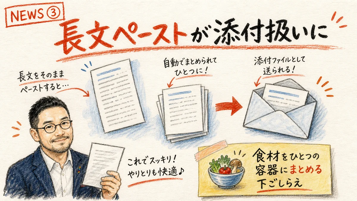 ChatGPTの長文ペースト自動添付機能を解説するグラレコ